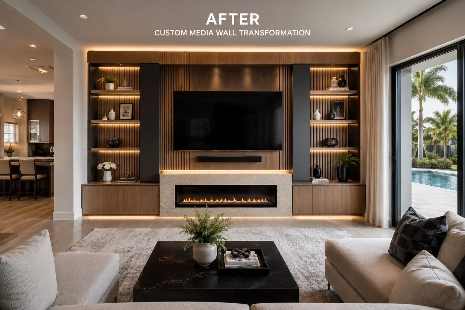 before and after custom media wall transformation in a modern Florida living room