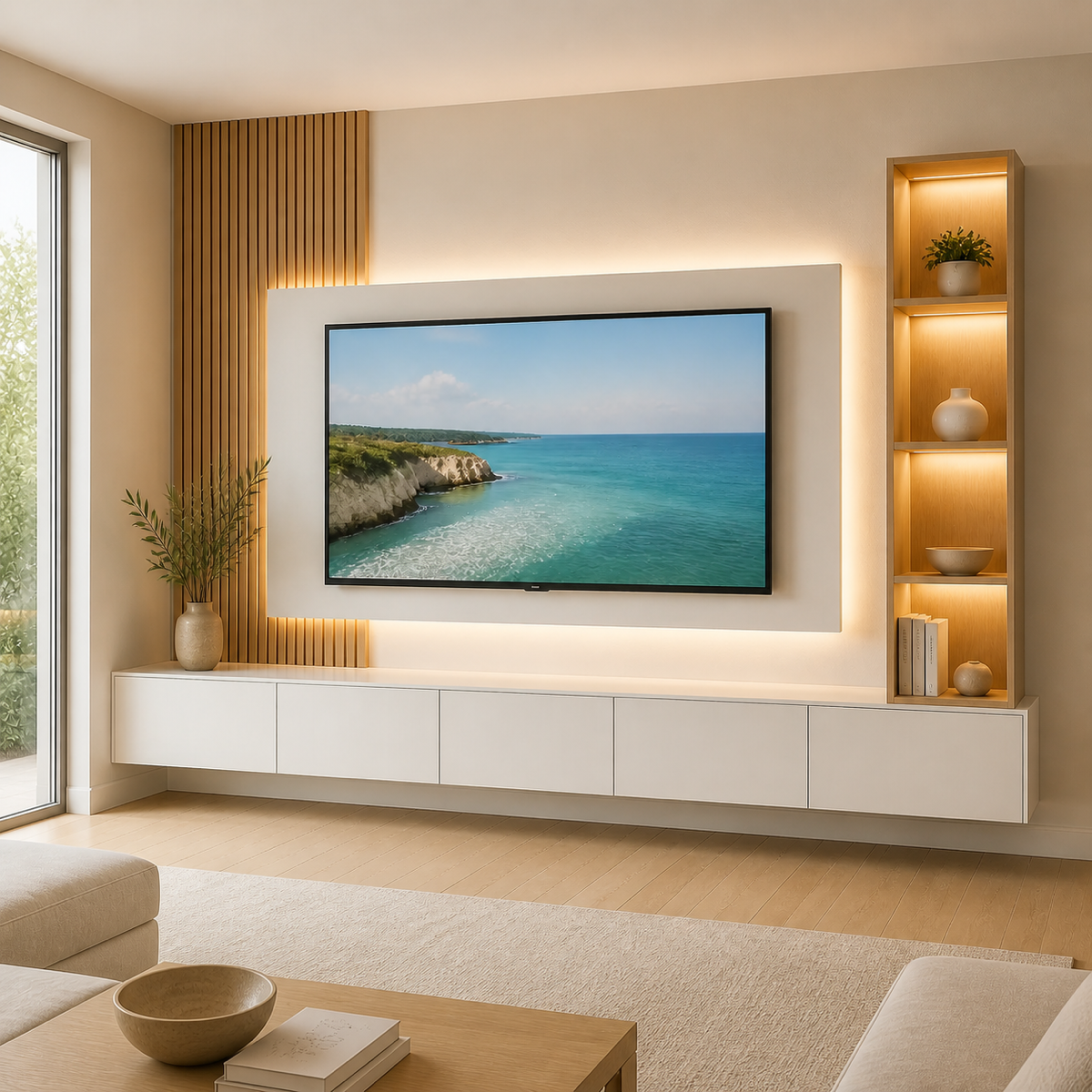 Floating entertainment wall with storage cabinet, illuminated TV panel, wood slats, and display tower