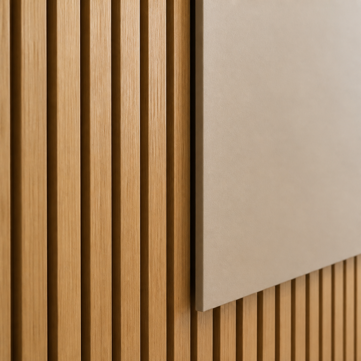 Close-up of natural oak decorative slat panels beside a floating TV panel