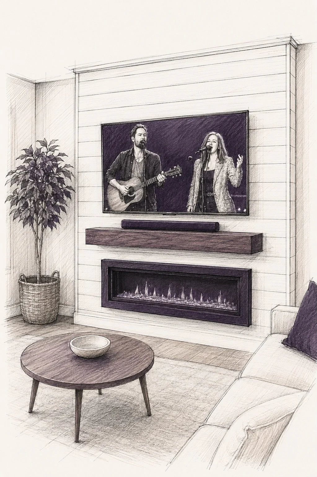 Architectural sketch of an F Series shiplap media wall with mounted TV, wood mantel, and linear electric fireplace