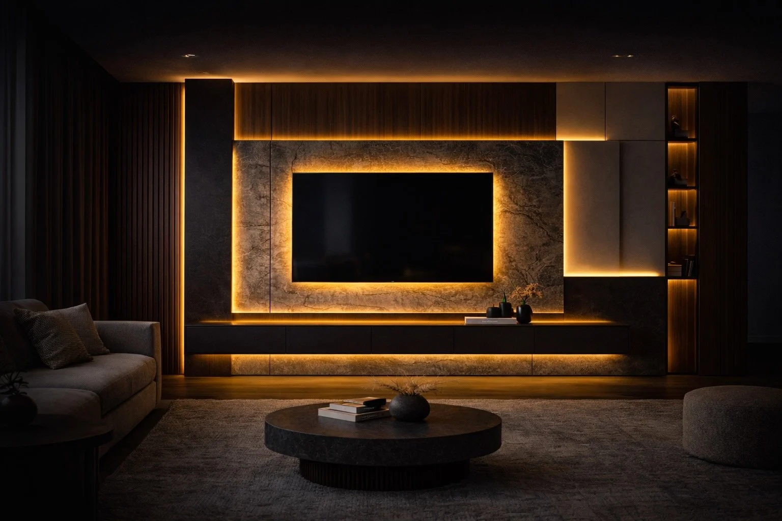 modern media wall with layered LED lighting in a dark interior
