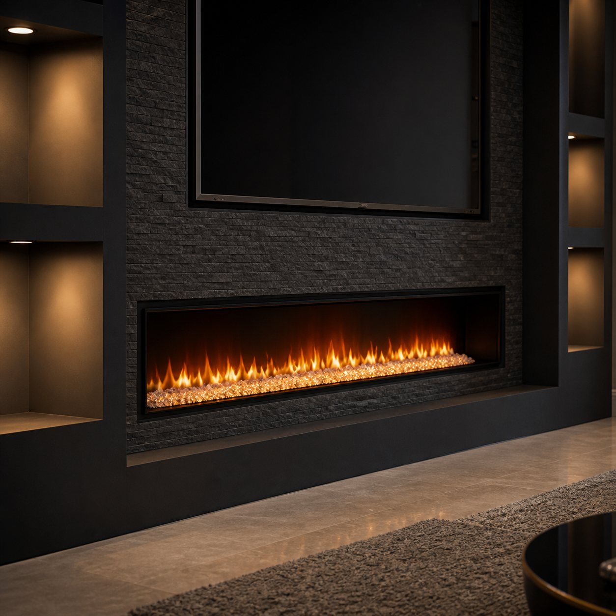 Linear electric fireplace and warm integrated niche lighting in a modern media wall