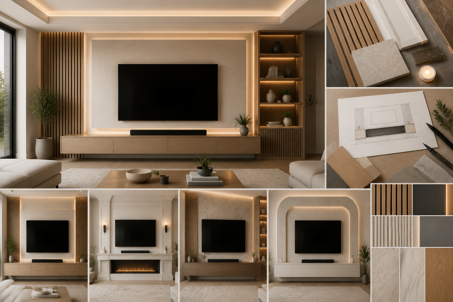 A-Series media wall collection concept board showing modern TV wall models, material samples, LED lighting, and floating cabinet designs