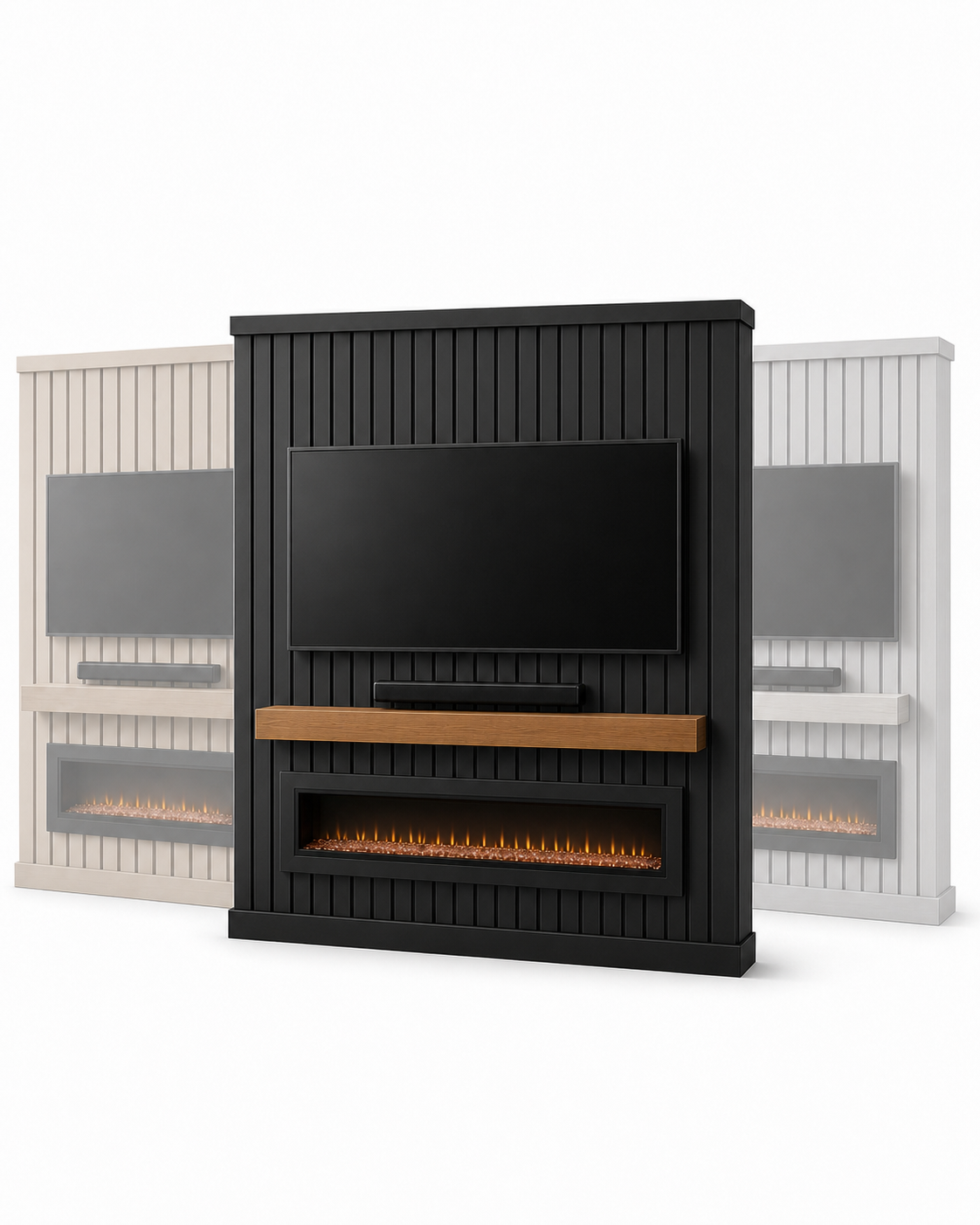 F2-003 Slat Fireplace Media Wall concepts with different wall proportions and vertical slat spacing