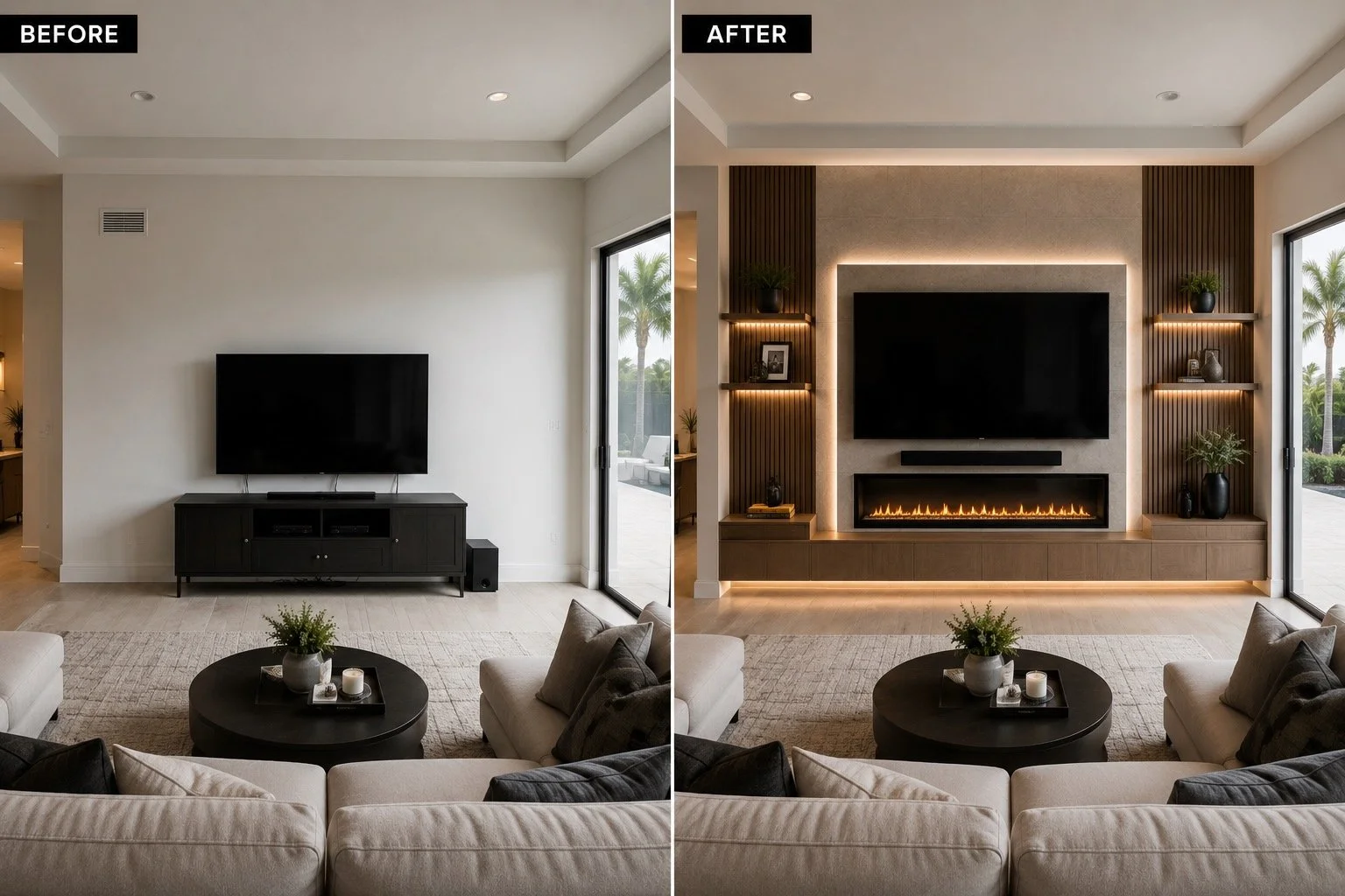 before and after fireplace media wall installation with floating cabinets and LED lighting