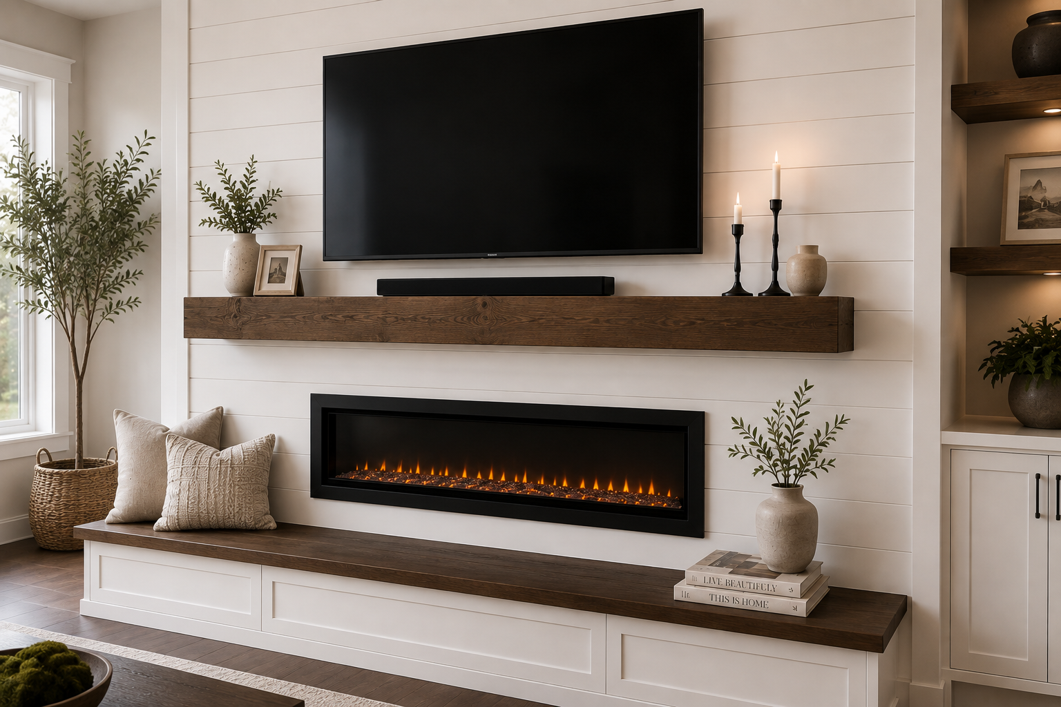 close-up of white shiplap fireplace media wall with dark wood mantel, mounted TV, soundbar, and linear electric fireplace