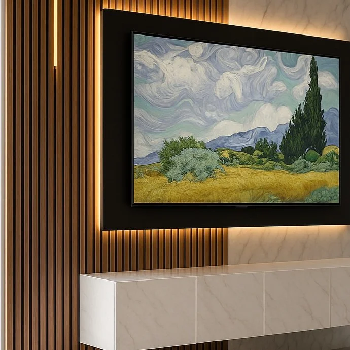 Interior wall with framed painting of a landscape featuring rolling hills, green shrubs, and a tall cypress tree, surrounded by vertical wooden slats and warm lighting.