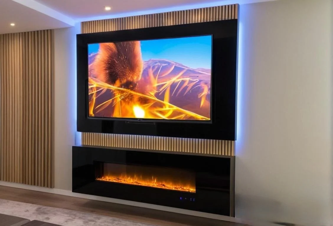 Modern living room with a wall-mounted flat-screen TV displaying a close-up of a squirrel among grass on a mountain background, and a built-in electric fireplace below the TV.