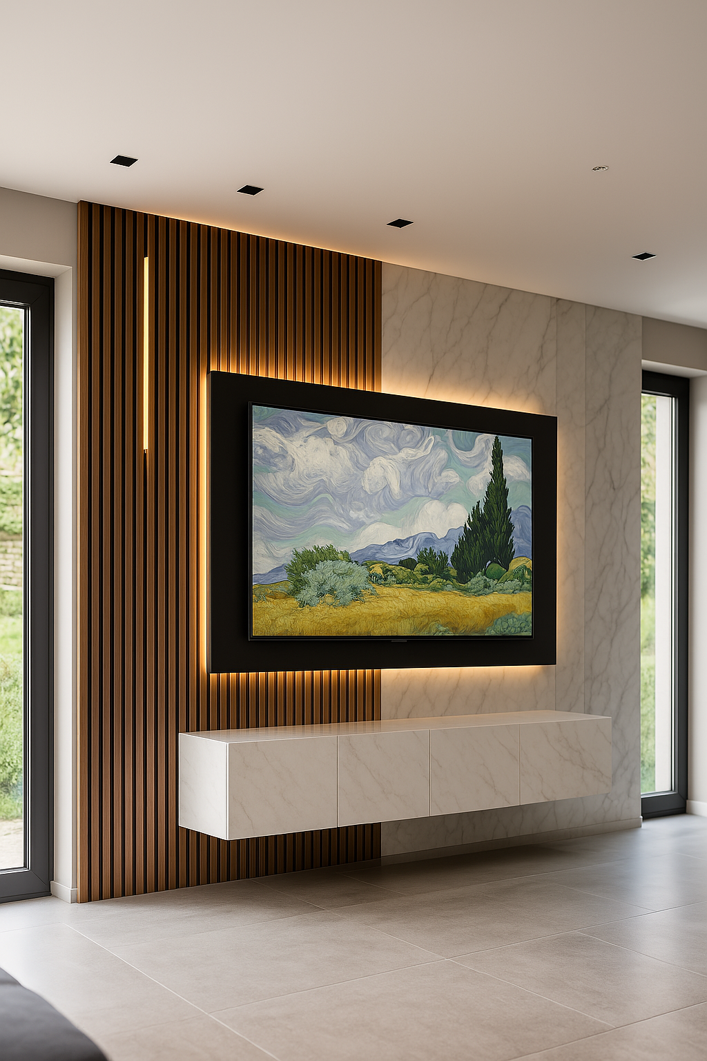 Modern living room wall with a framed landscape painting featuring a tree, set against a wood and marble wall with built-in lighting and a wall-mounted white marble console.