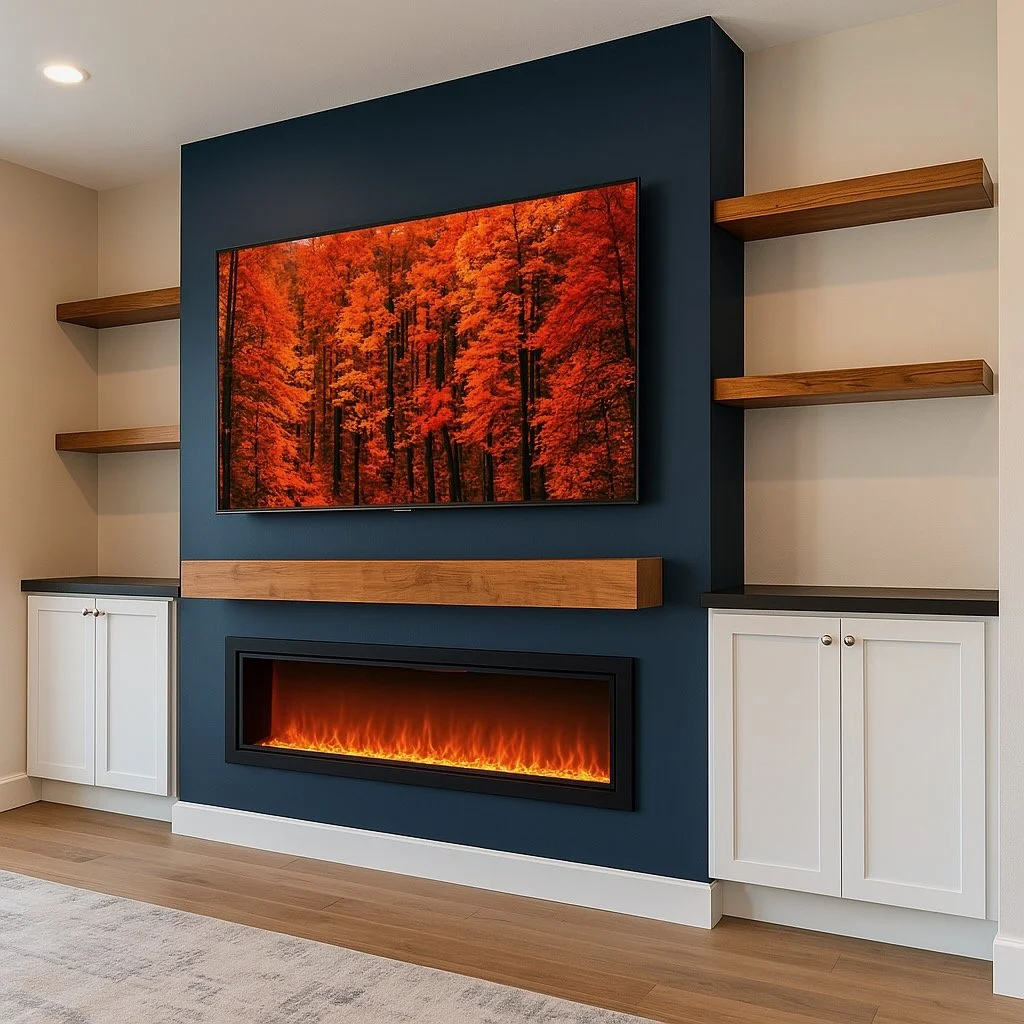 Living room with a mounted flat-screen TV displaying autumn forest scene, modern electric fireplace below, white cabinets, and wooden shelves on blue and beige walls.