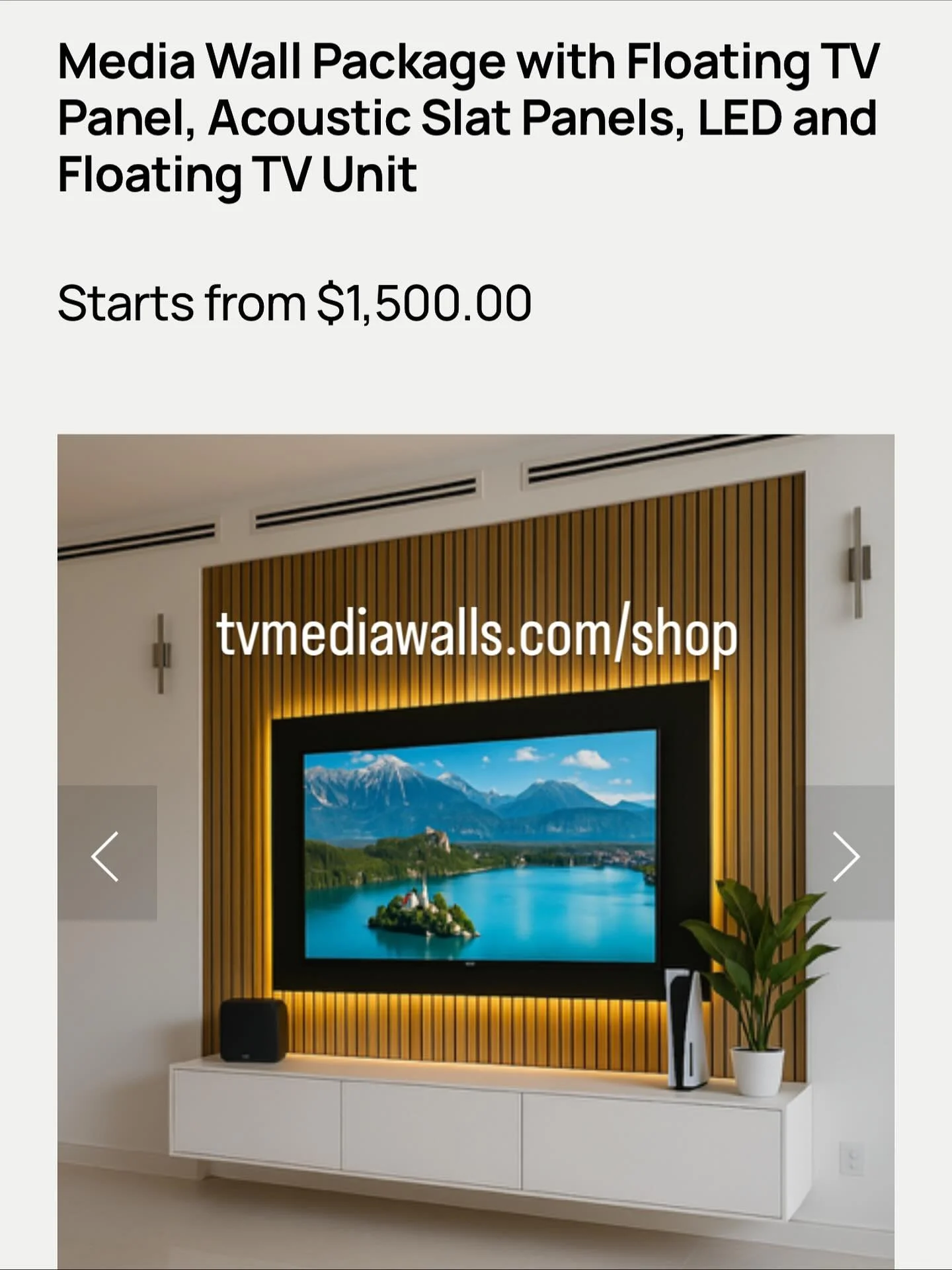 Media Wall Package with Floating TV Panel, Acoustic Slat Panels, LED and Floating TV Unit | tvmediawall.com/shop