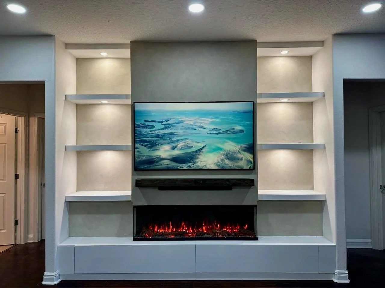 Limewash Built-In Entertainment Center with 3-Sided Fireplace, Melbourne, FL