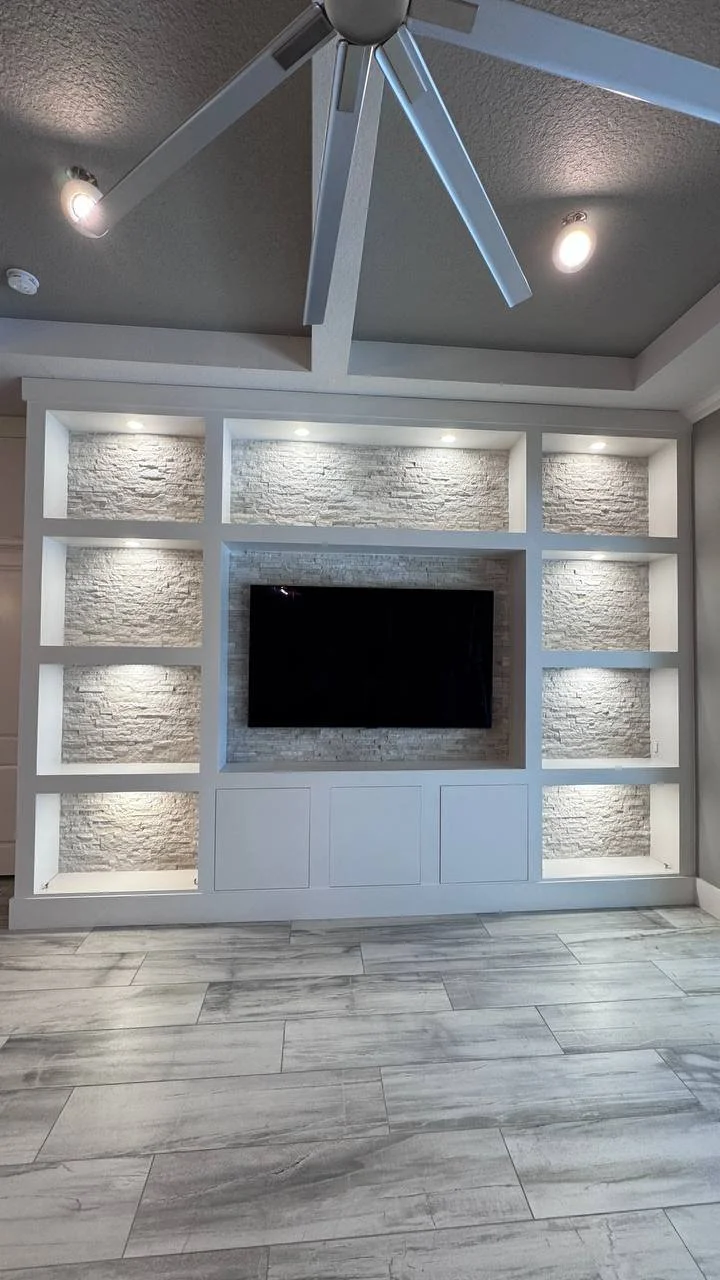 Modern Niche Media Wall with Stone Backing and Cabinets, Tampa Area, FL