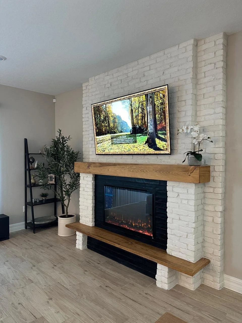 Brick Fireplace Media Wall with Electric Fireplace and Wood Accents - Tampa Area, Florida