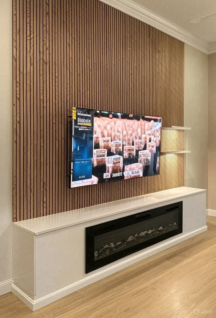 Fireplace Media Accent Wall with Wood Slats and Custom Cabinetry - Sarasota, FL