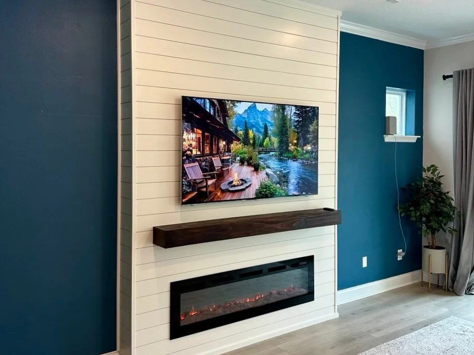 Orlando &ndash; Shiplap Fireplace Media Wall with Custom Mantel (F-Series) | Florida Media Walls | tvmediawall.com