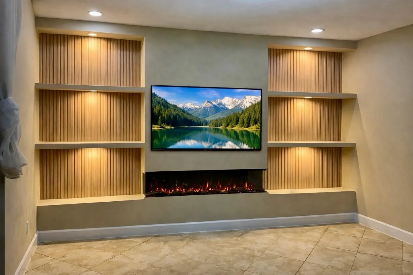 Palm Beach &ndash; Limewash Built-In Entertainment Center with Three-Sided Fireplace | Florida Media Walls | tvmediawall.com