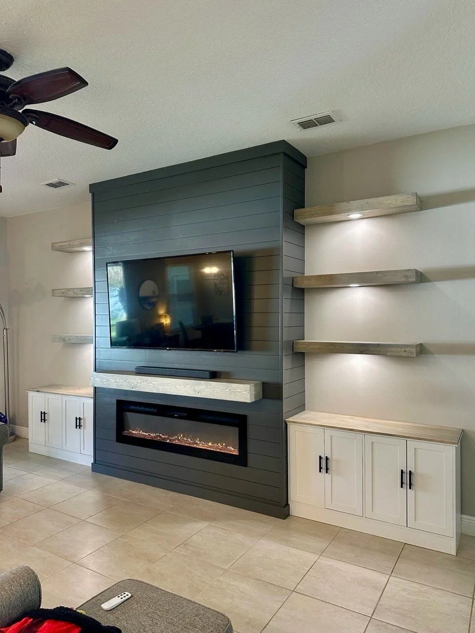 Shiplap Fireplace Media Wall with Cabinets and Shelves in Venice, Florida | tvmediawall.com