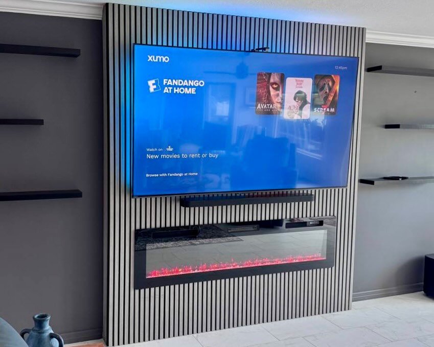 Modern Slat Fireplace Media Wall with Shelving in Tampa, Florida | tvmediawall.com