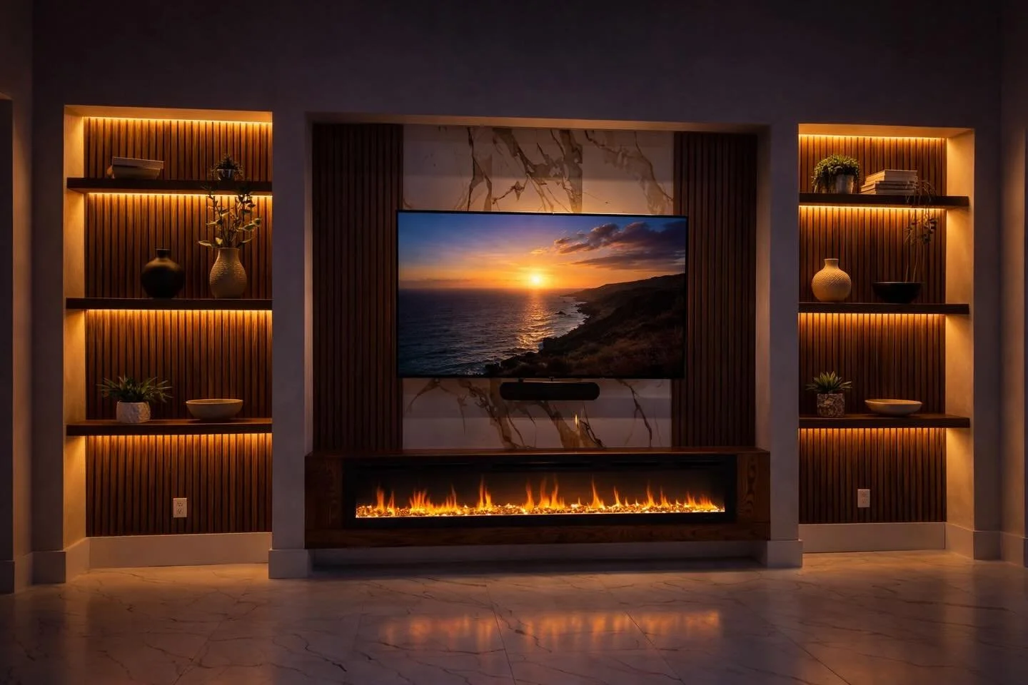 Modern Slat Fireplace Media Wall in Sarasota, Florida | tvmediawall.com