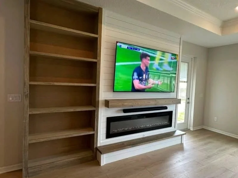 Modern Shiplap Fireplace Media Wall with Built-In Open Shelving