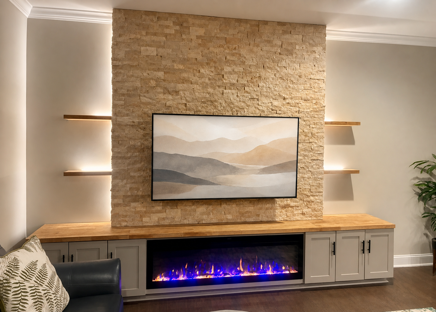 Ledger Stone Fireplace Media Wall with Built-In Storage