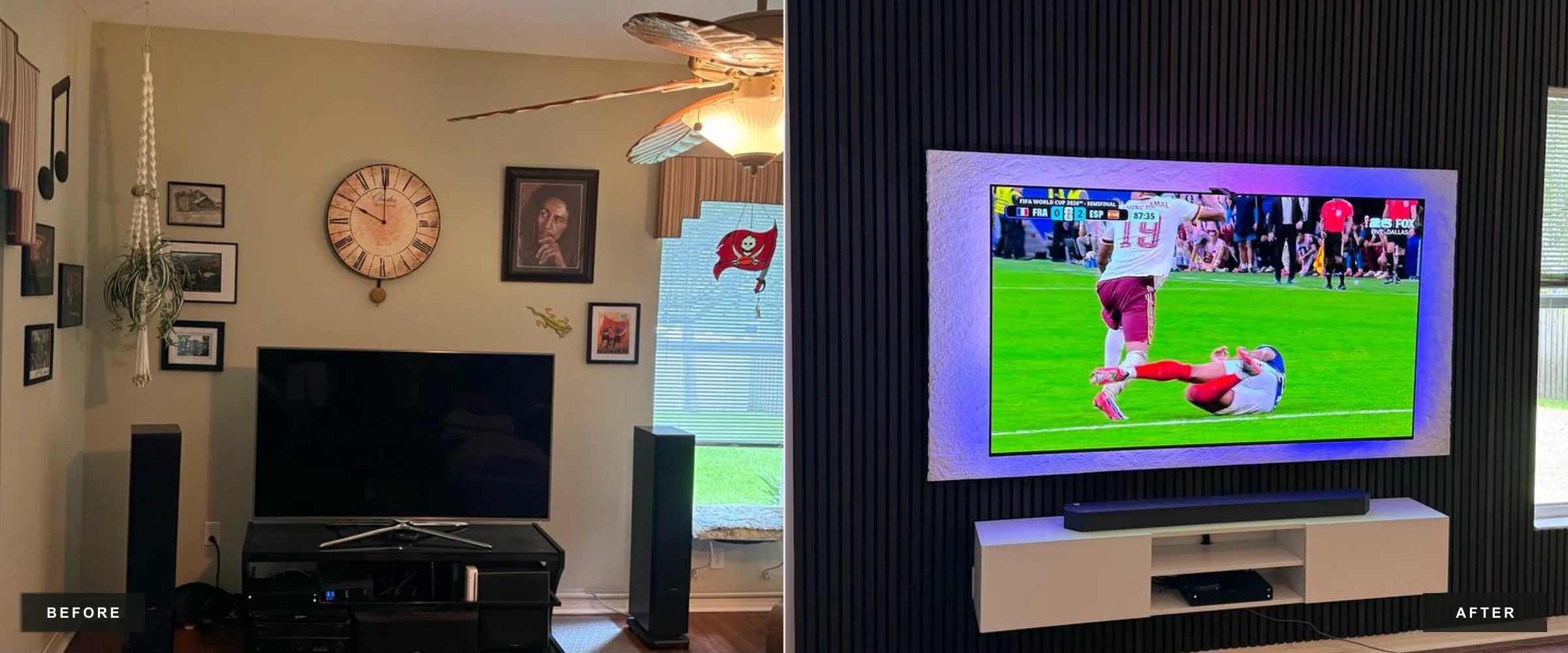 Comparison photo showing an entertainment room before and after renovation. The left side features a traditional setup with a wall clock, framed pictures, a plant, and a flat-screen TV with speakers. The right side displays a modern entertainment area with a wall-mounted flat-screen television on a black, textured accent wall, showing a soccer game, with a white media console below.