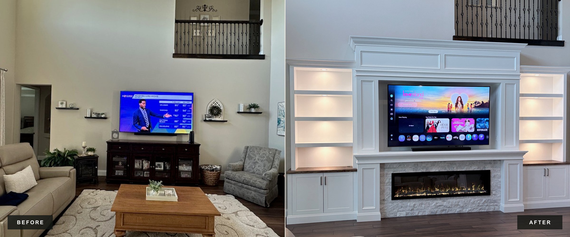Side-by-side comparison of a living room before and after renovation. The 'before' shows a beige living room with a wall-mounted TV, shelving, and a patterned rug. The 'after' features a redesigned space with a white built-in entertainment center, a new TV, and a fireplace below, replacing wallpaper with a modern white finish.