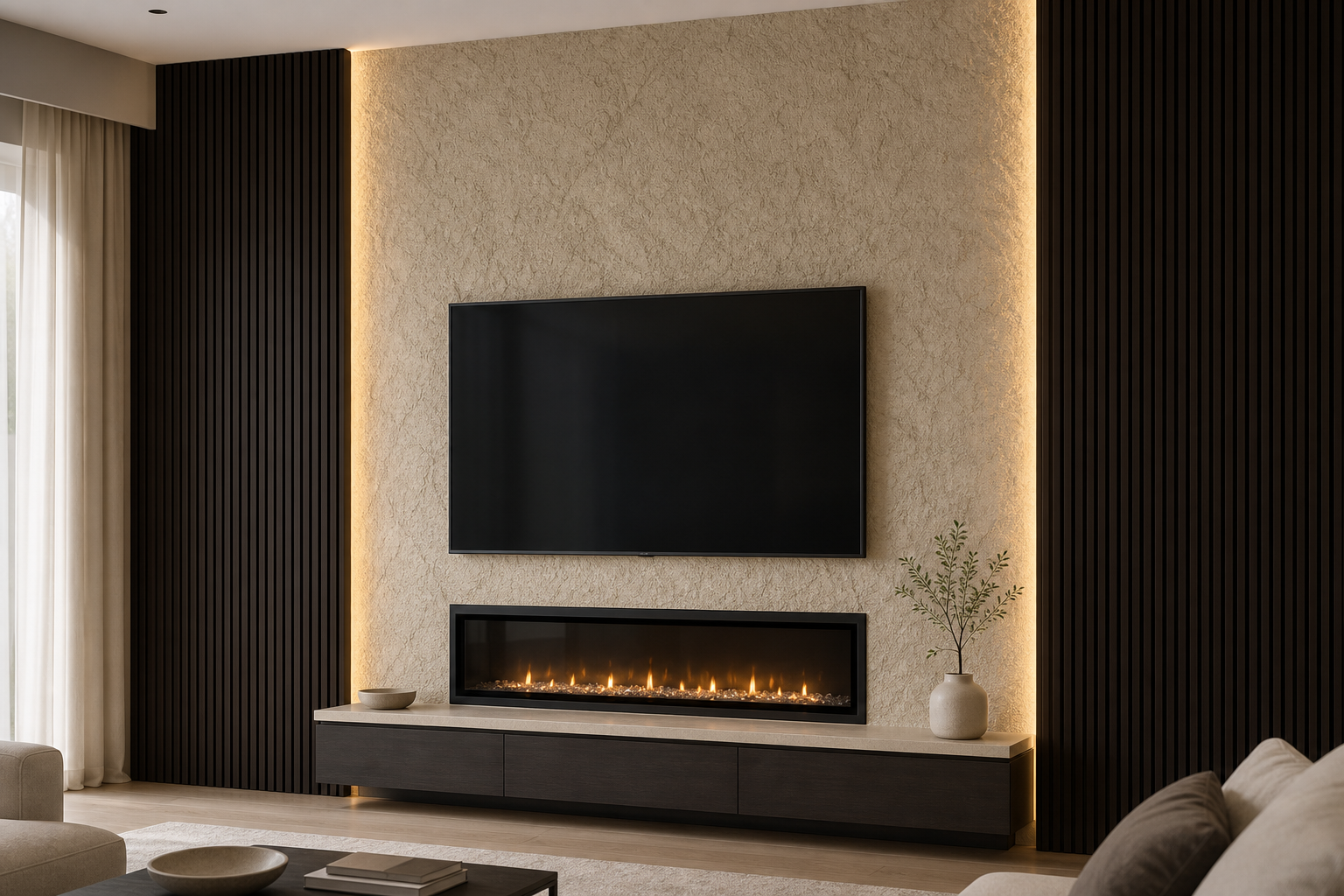Living room with wall-mounted flat-screen TV, modern electric fireplace, beige textured wall, black panel walls, potted plant, beige curtains, and a beige sofa with brown pillows.