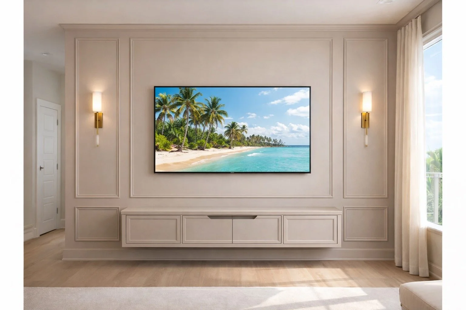 Living room with a large flat-screen TV displaying a tropical beach scene, flanked by wall-mounted light fixtures, and a window with white curtains to the right.
