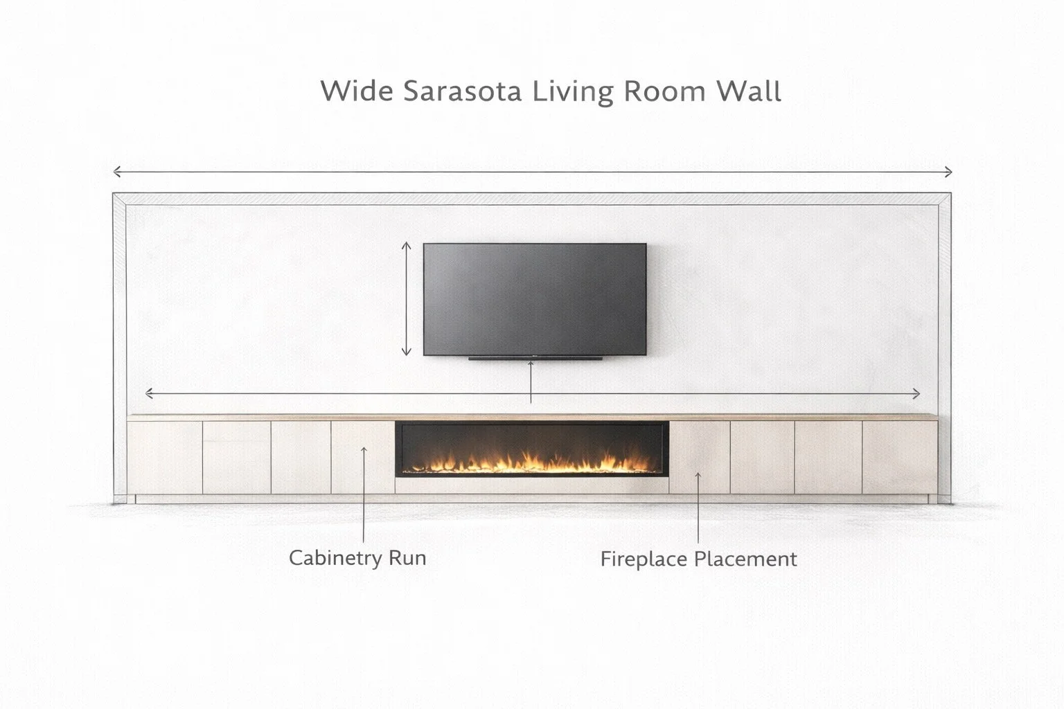 Architectural sketch of media wall layout with TV, fireplace, and cabinetry for a Sarasota home