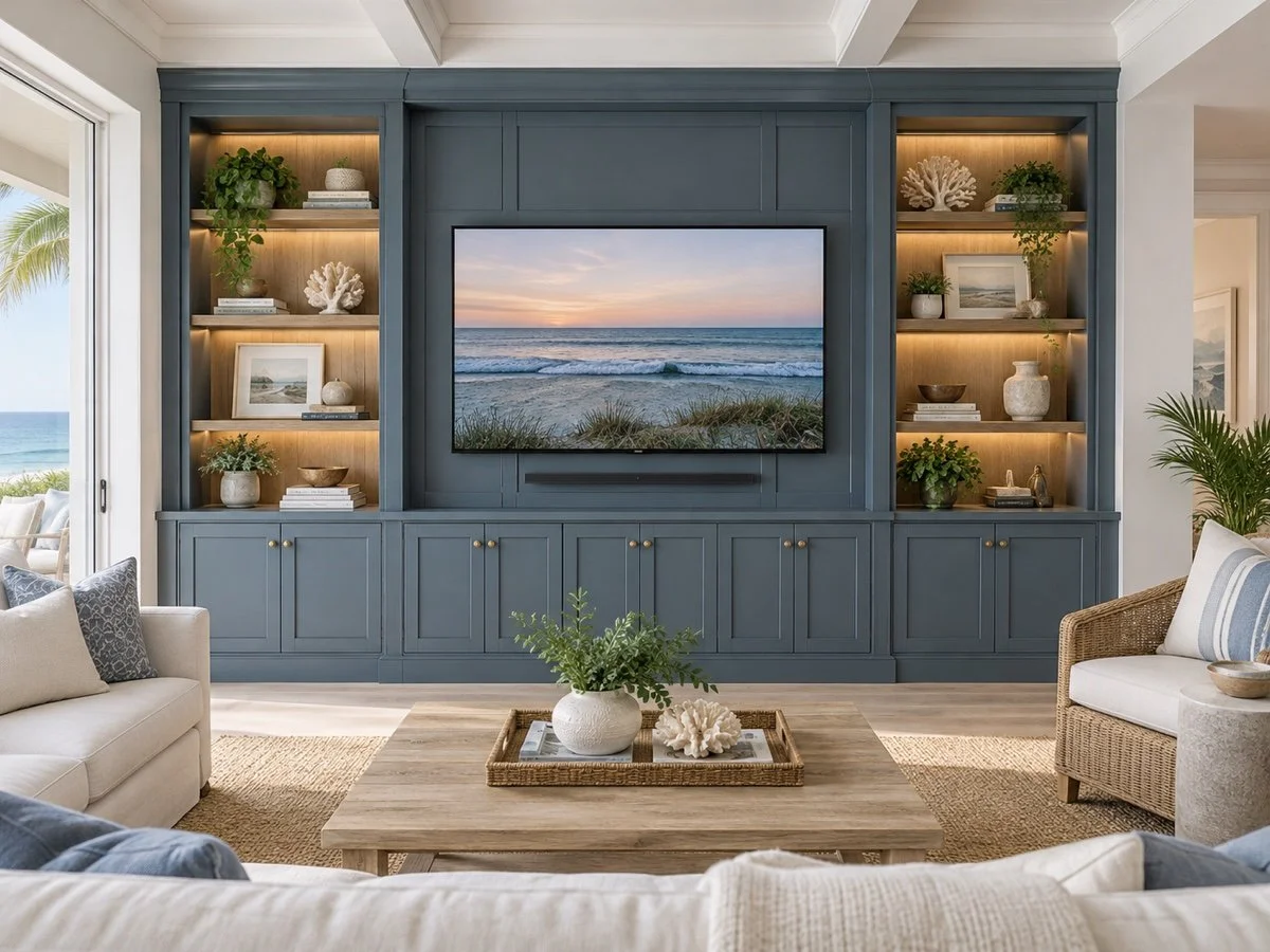 Custom built-in entertainment center with cabinets, illuminated shelves, and an integrated television