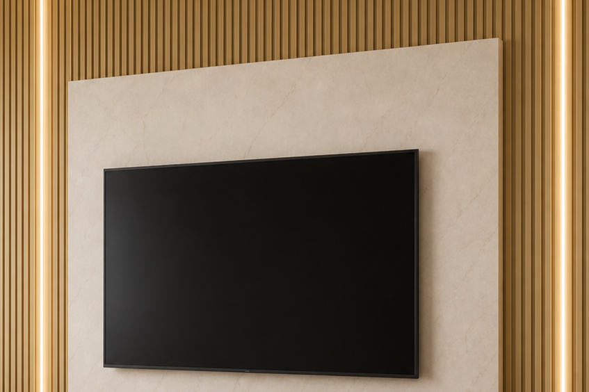 Flat-screen television mounted on a wall with wooden paneling and beige background.