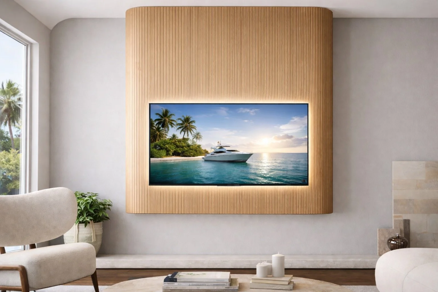 A modern living room with a wall-mounted flat-screen TV showing a marina scene with a yacht, palm trees, and a sunset. The wall behind the TV is decorated with light wood paneling. There’s a window with greenery outside on the left, and a beige armchair with a plant in a basket nearby. In the foreground, there are several candles and books on a table.
