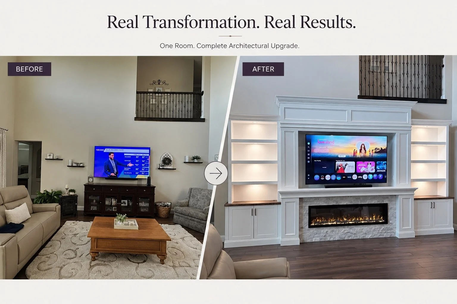 Before-and-after living room transformation with custom built-in cabinetry, illuminated shelves, recessed TV, architectural trim, and linear fireplace