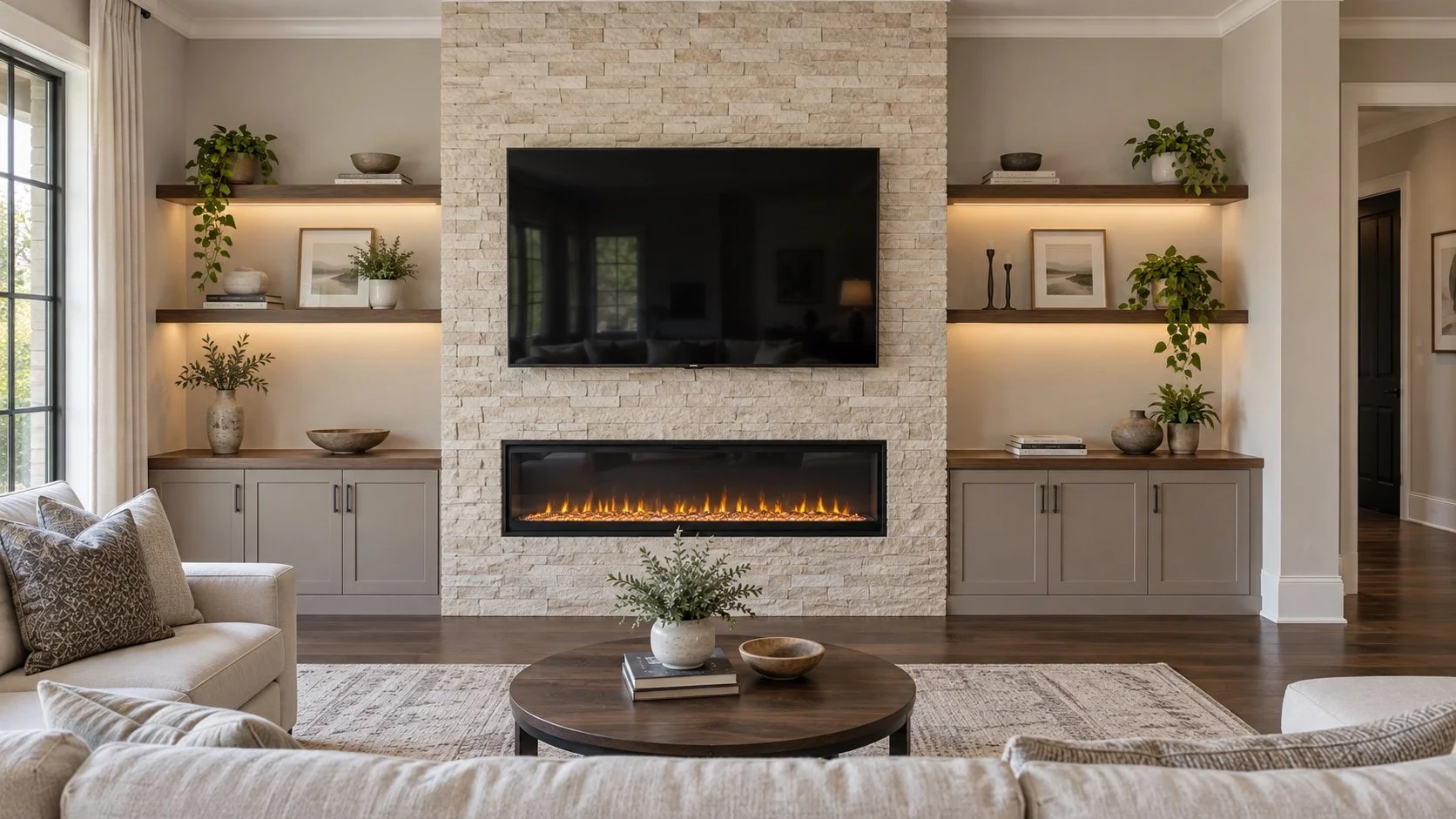 Fireplace media wall design concept for a Raleigh home with ledger stone, built-in cabinets, wood shelves, and integrated lighting.