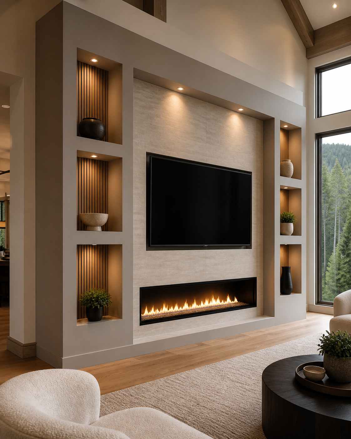 Modern living room with built-in shelving, a wall-mounted TV, and a linear fireplace, with large windows showing a forest outside.