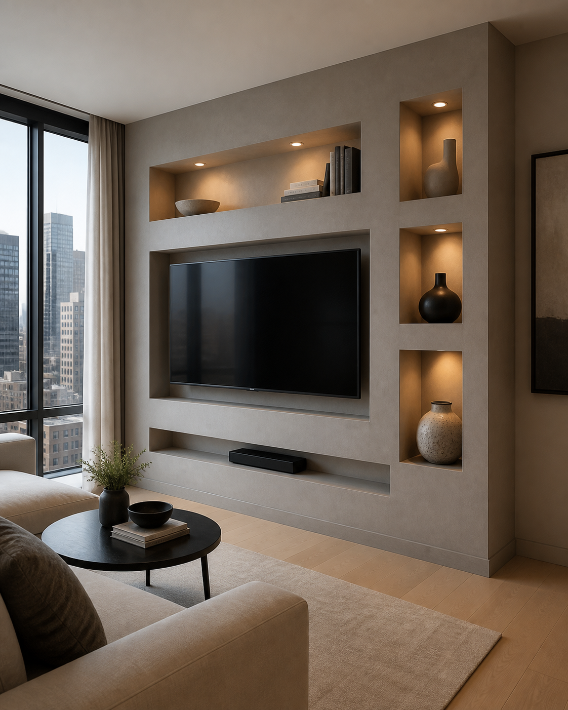 Modern living room with a wall-mounted flat-screen TV, built-in shelving with decorative vases and books, a black round coffee table with a plant, bowl, and books, beige sofa and natural light from large windows showing city buildings.