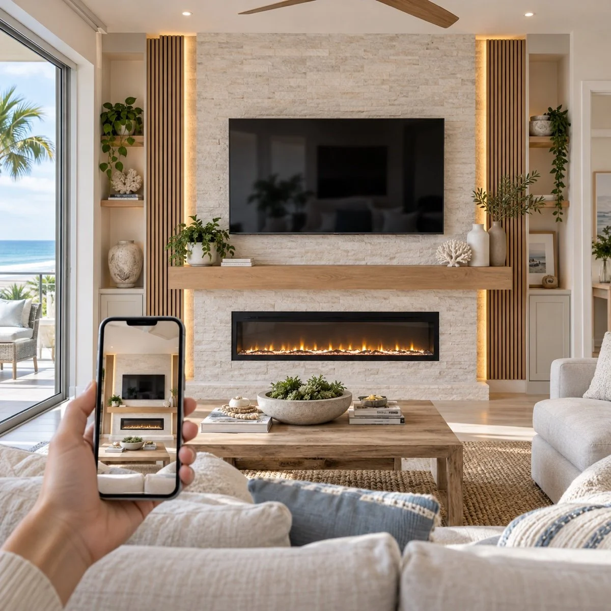 Homeowner photographing a custom fireplace media wall to begin a project estimate in Melbourne, Florida