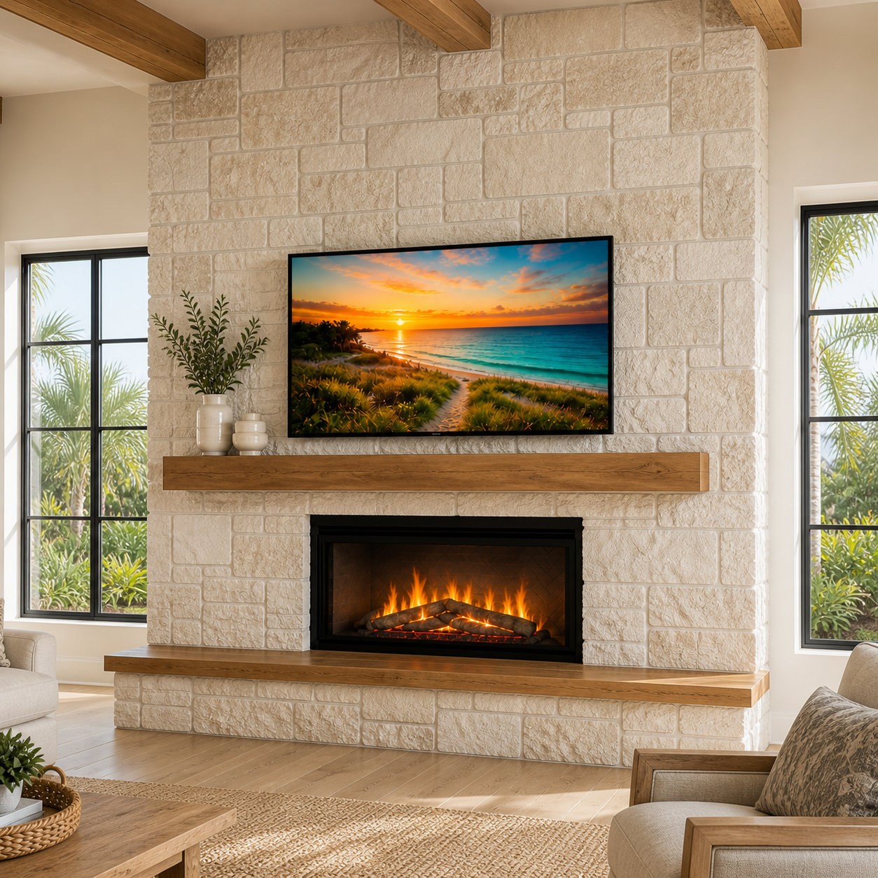 Stone Fireplace Media Wall with rough-cut stone, natural oak mantel, integrated TV, and traditional electric fireplace