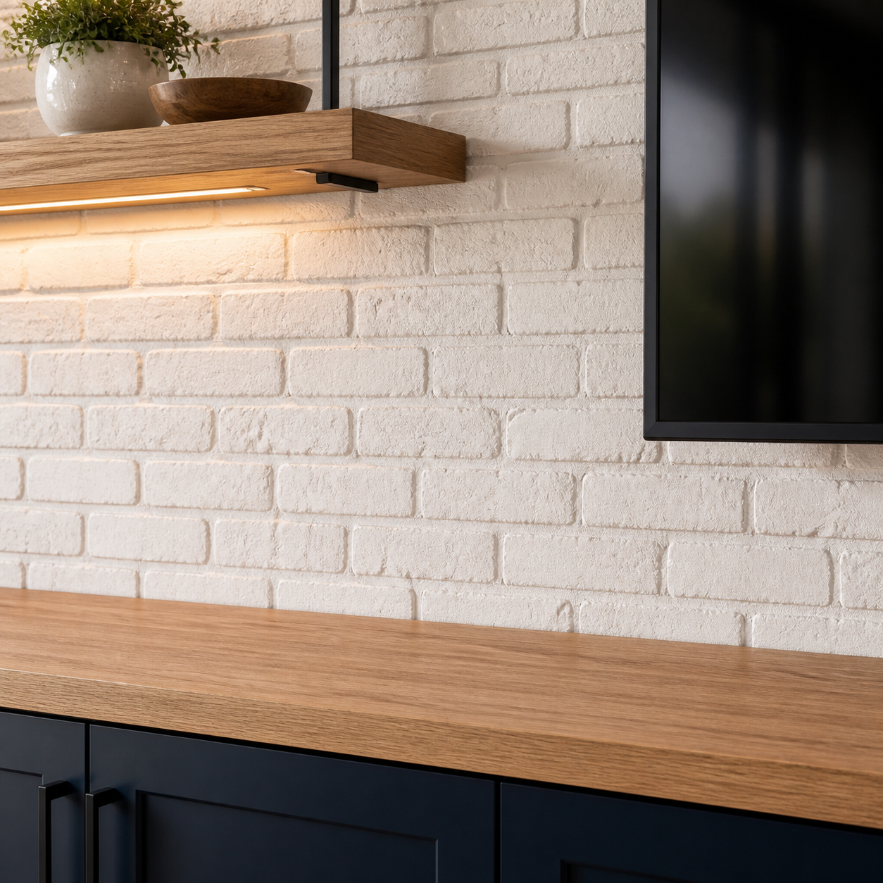 White brick-look panels with illuminated oak shelves and navy cabinetry in the C3-001 entertainment wall