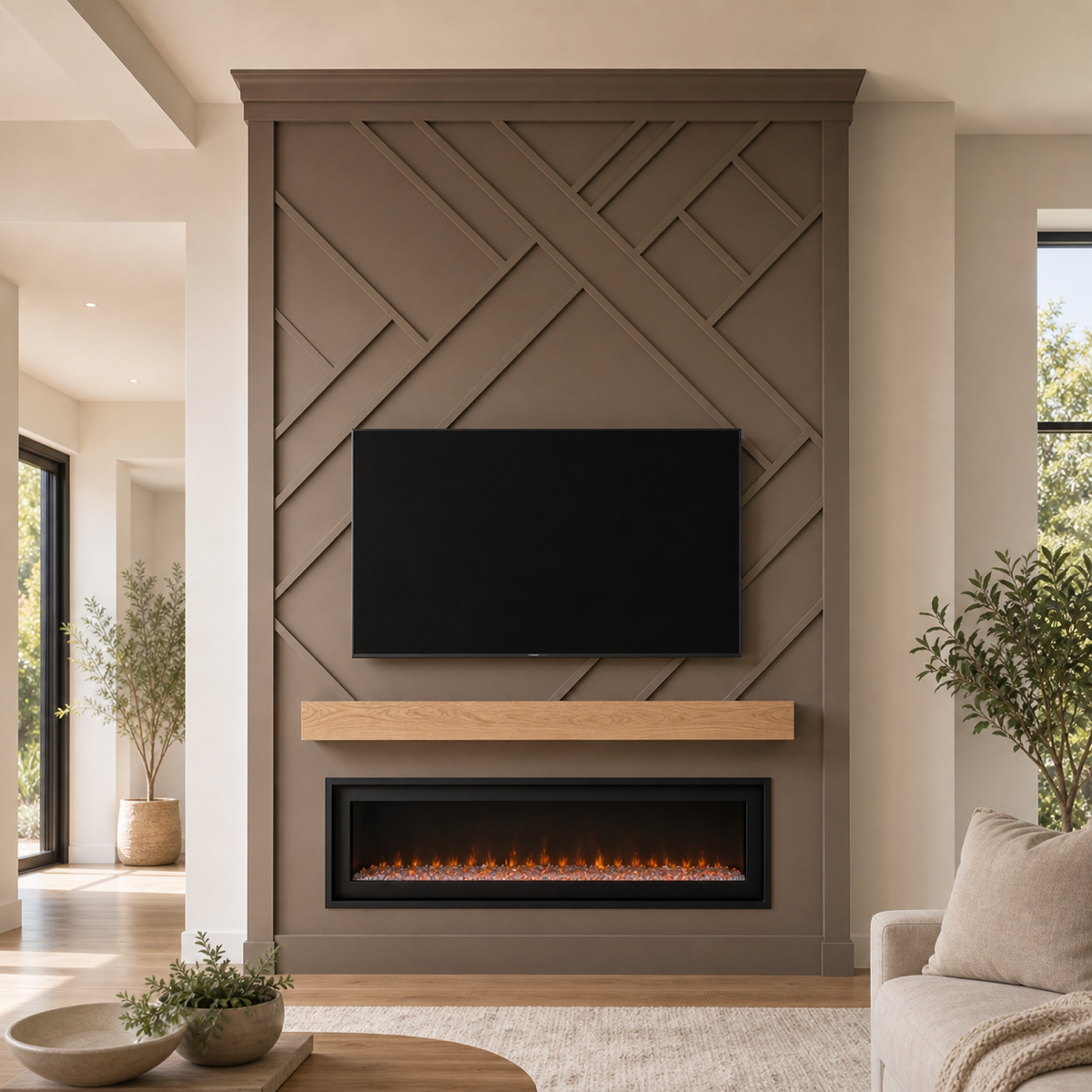 Trim fireplace media wall with geometric detailing, a wood mantel, integrated TV, and electric fireplace