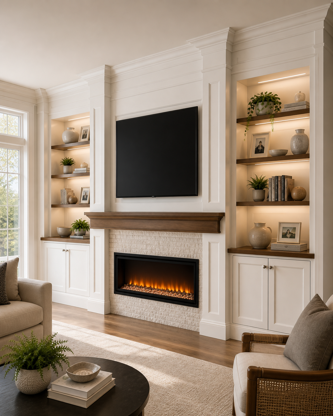 Angled view of a Signature Classic Built-In featuring crown molding, framed trim, illuminated shelving, cabinetry, wood mantel, television, and electric fireplace