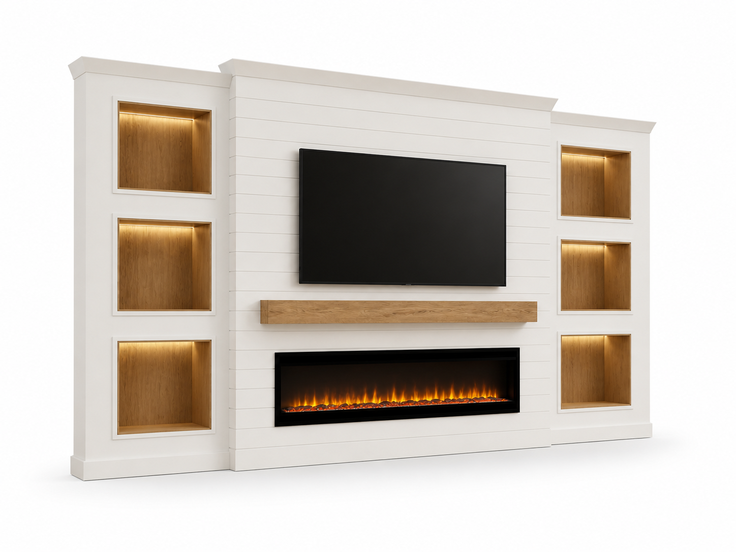 Architectural customization concept for the C2-002 shiplap fireplace media wall with illuminated niches