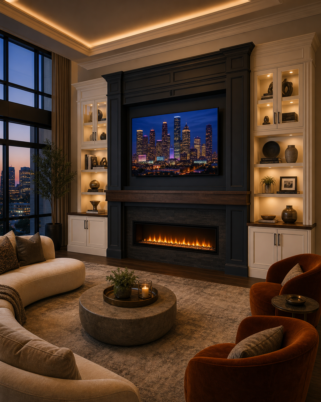 Living room with a fireplace, a wall-mounted TV showing a city skyline at dusk, built-in shelves with decorations, large windows showing a city view, and cozy furniture.