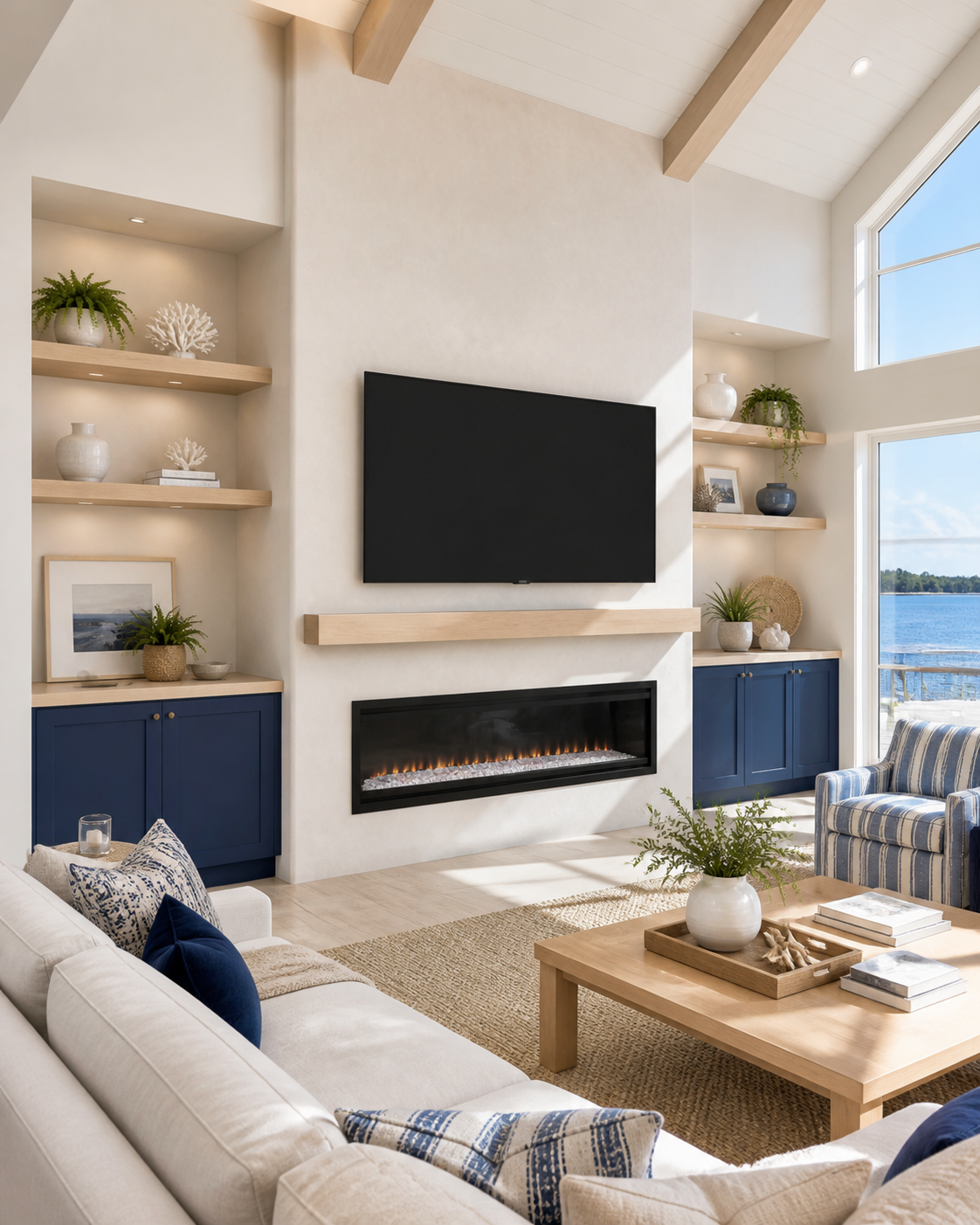 Living room with a wall-mounted flat-screen TV above a modern fireplace, built-in shelves with decorative vases, books, and plants, a white sofa with pillows, a striped armchair, a wooden coffee table with a potted plant, and large windows showing a 