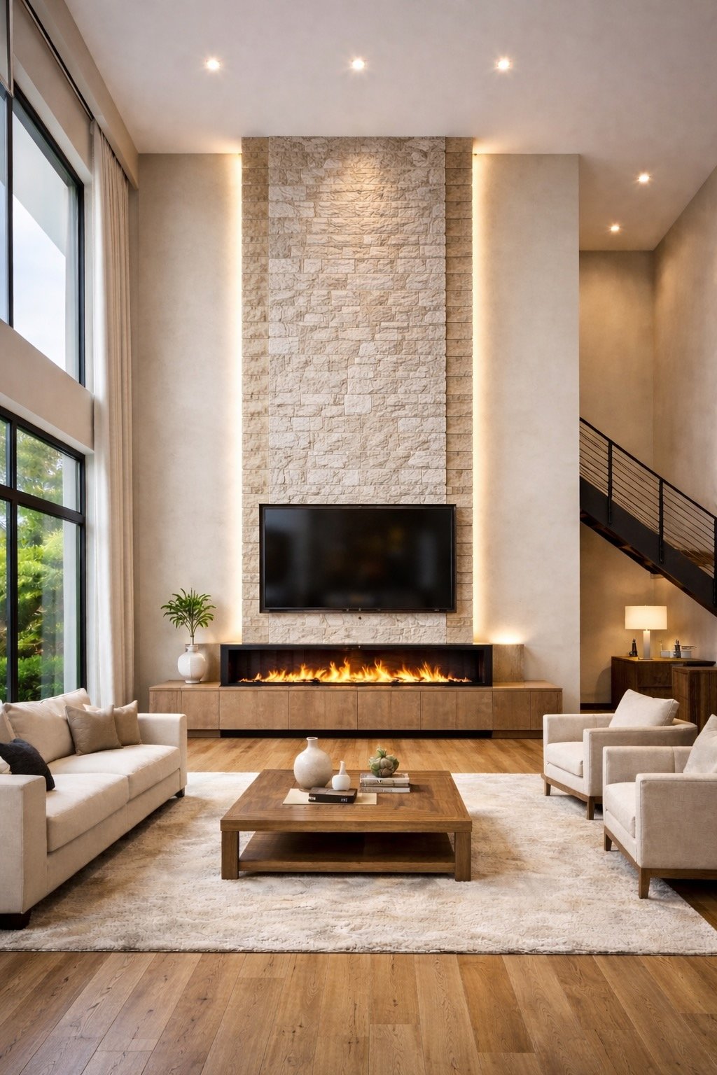 Floor to ceiling stone media wall with TV and linear fireplace designed for high ceiling living room