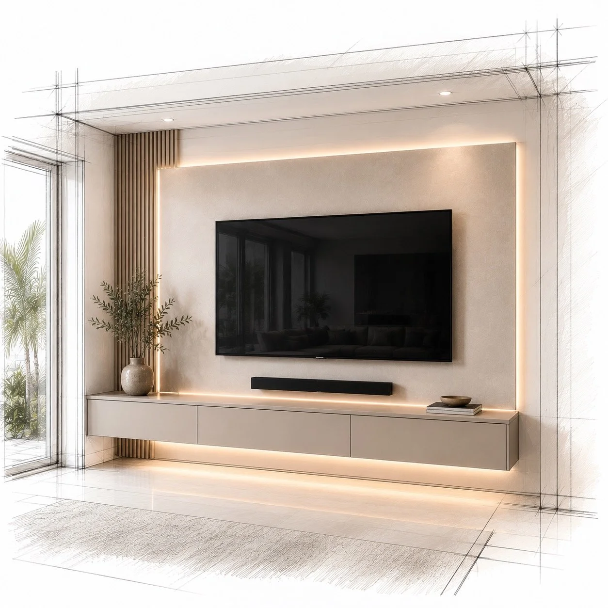 minimalist floating media wall with wall-mounted TV and floating cabinet