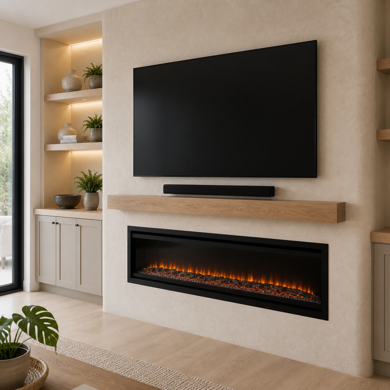 Integrated TV, soundbar, natural oak mantel, and linear electric fireplace on a limewash media wall