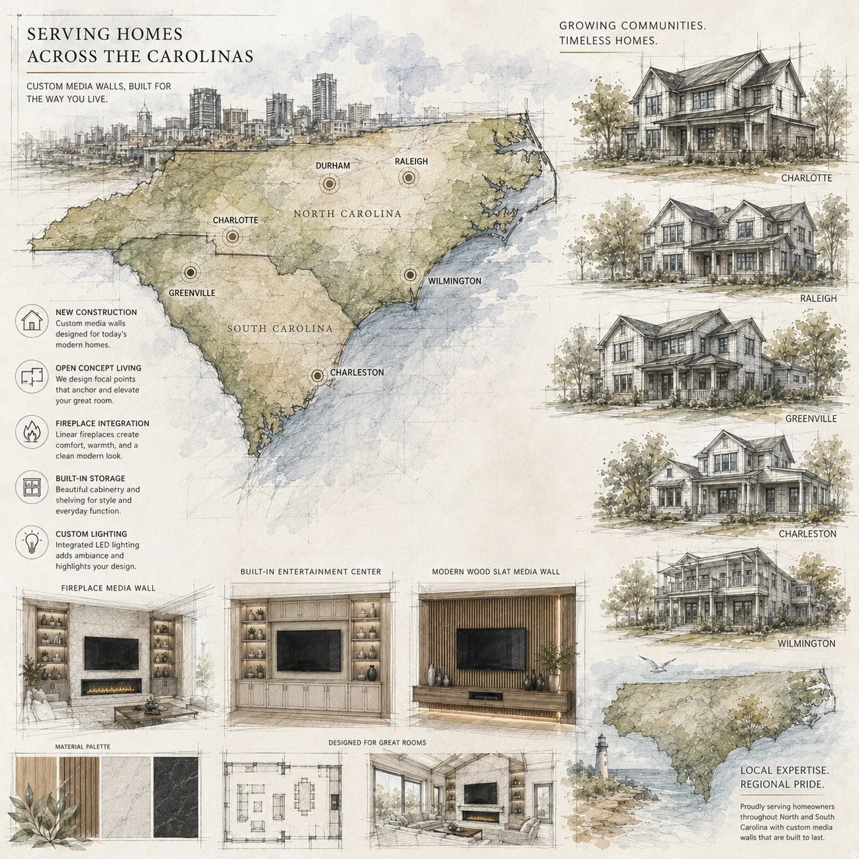 architectural map illustration highlighting major North and South Carolina markets for custom media walls and entertainment centers